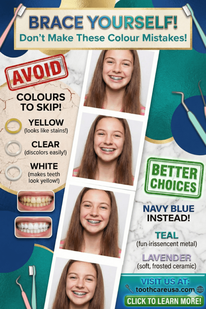 Comparison showing dark colors like navy blue making teeth look whiter versus white or yellow bands that cause staining.