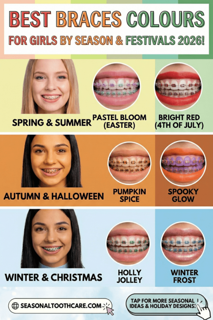 Infographic showcasing "BEST BRACES COLOURS FOR GIRLS IN 2026!", featuring photos and close-ups of Lavender Glow, Teal Twist, Soft Peach, and Metallic Rose braces.