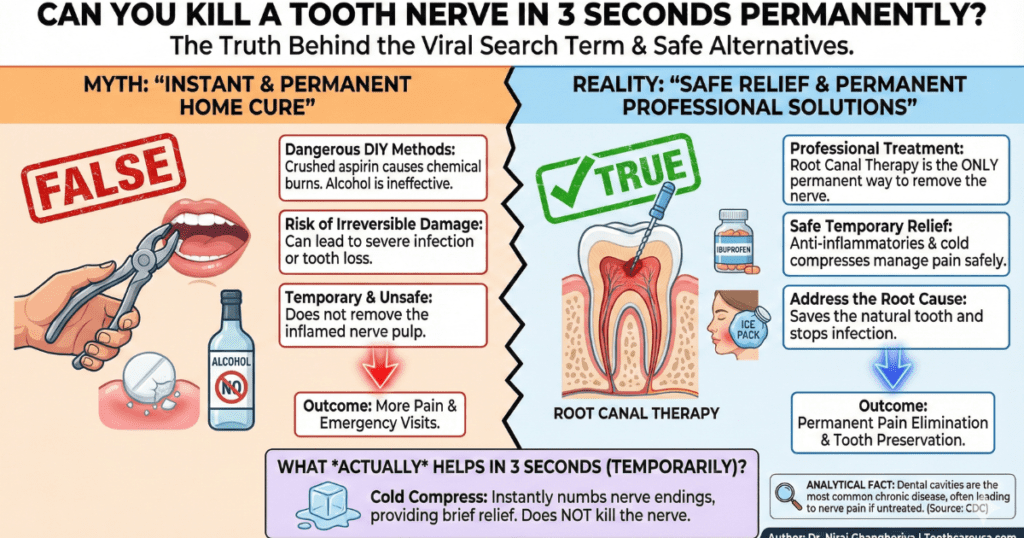 Kill Tooth Pain Nerve in 3 Seconds Permanently: Myth vs. Reality 4 Dr. Niraj explains the myth of how to kill tooth pain nerve in 3 seconds permanently vs professional dental reality.