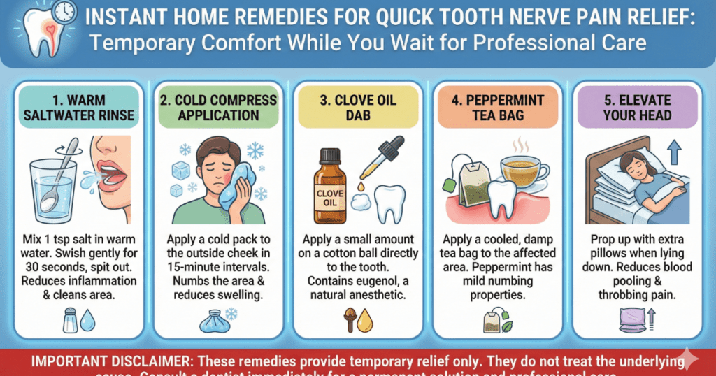 Kill Tooth Pain Nerve in 3 Seconds Permanently: Myth vs. Reality 9 5 Safe home remedies for quick tooth nerve pain relief including clove oil, peppermint tea bags, and head elevation.