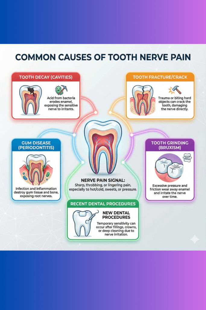 Kill Tooth Pain Nerve in 3 Seconds Permanently: Myth vs. Reality 6 A detailed dental infographic by Dr. Niraj Ghanghoriya showing causes of nerve pain like decay, fractures, gum disease, and bruxism.