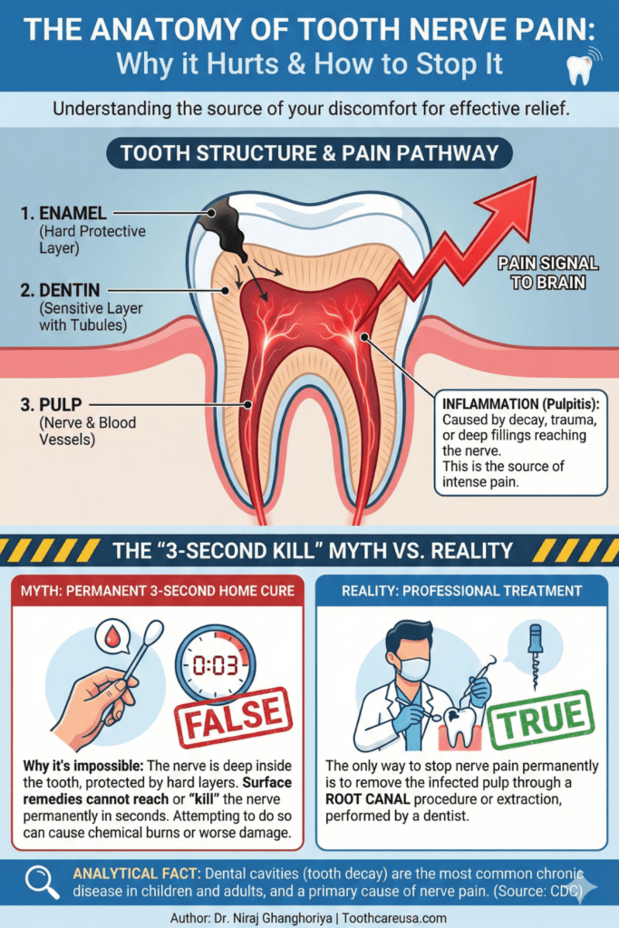 Kill Tooth Pain Nerve in 3 Seconds Permanently: Myth vs. Reality 8 Medical diagram of tooth anatomy showing why you cannot kill tooth pain nerve in 3 seconds permanently at home.