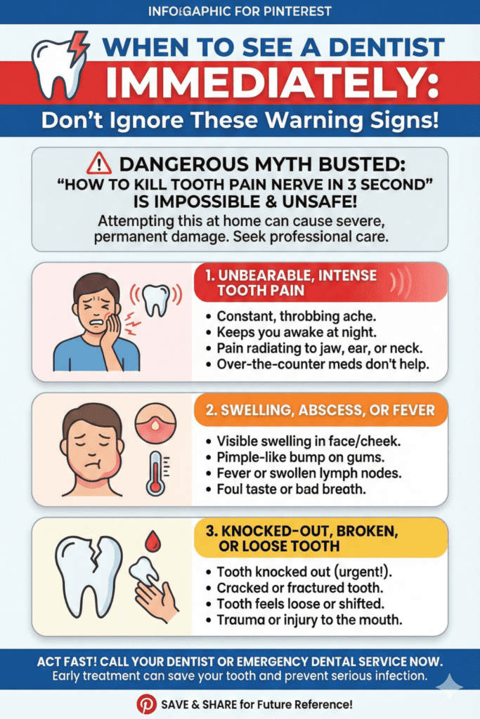 Kill Tooth Pain Nerve in 3 Seconds Permanently: Myth vs. Reality 20 Checklist of dental emergency signs like unbearable pain, swelling, abscess, or fever that require immediate professional care.