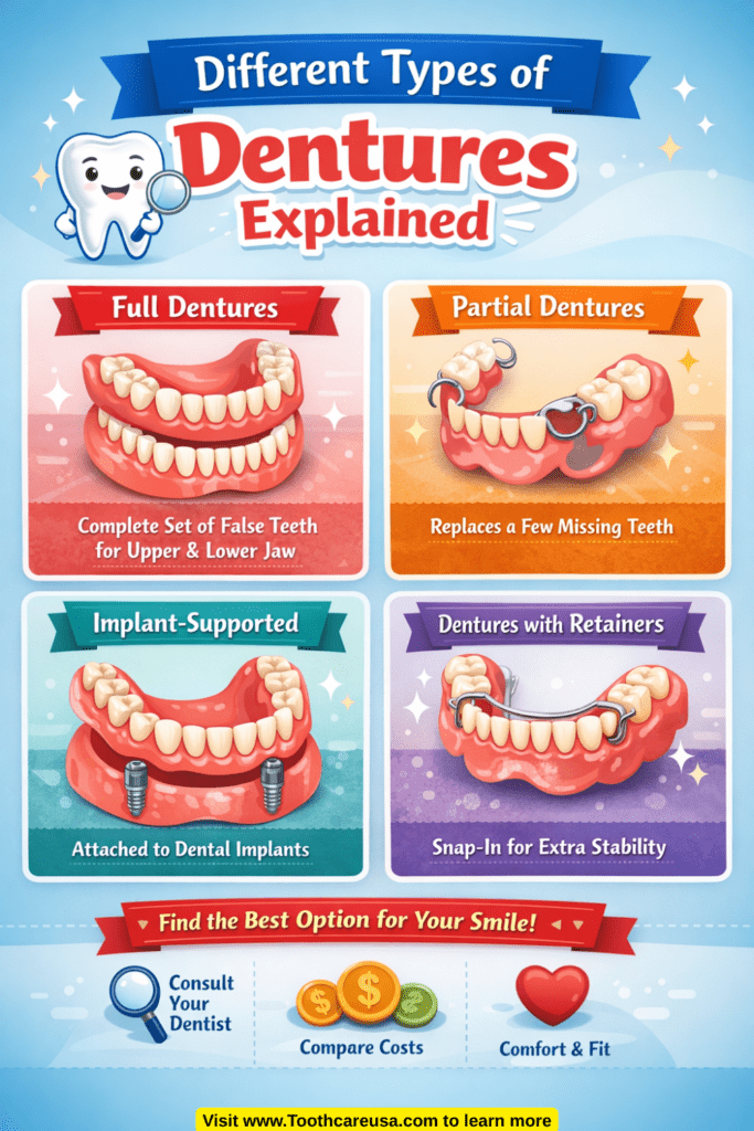 Infographic showing different types of dentures including full dentures, partial dentures, implant-supported dentures, and dentures with retainers.