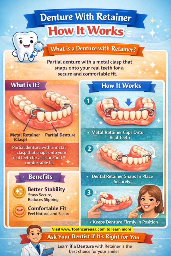 Diagram showing a denture with retainer clips attaching securely to natural teeth.