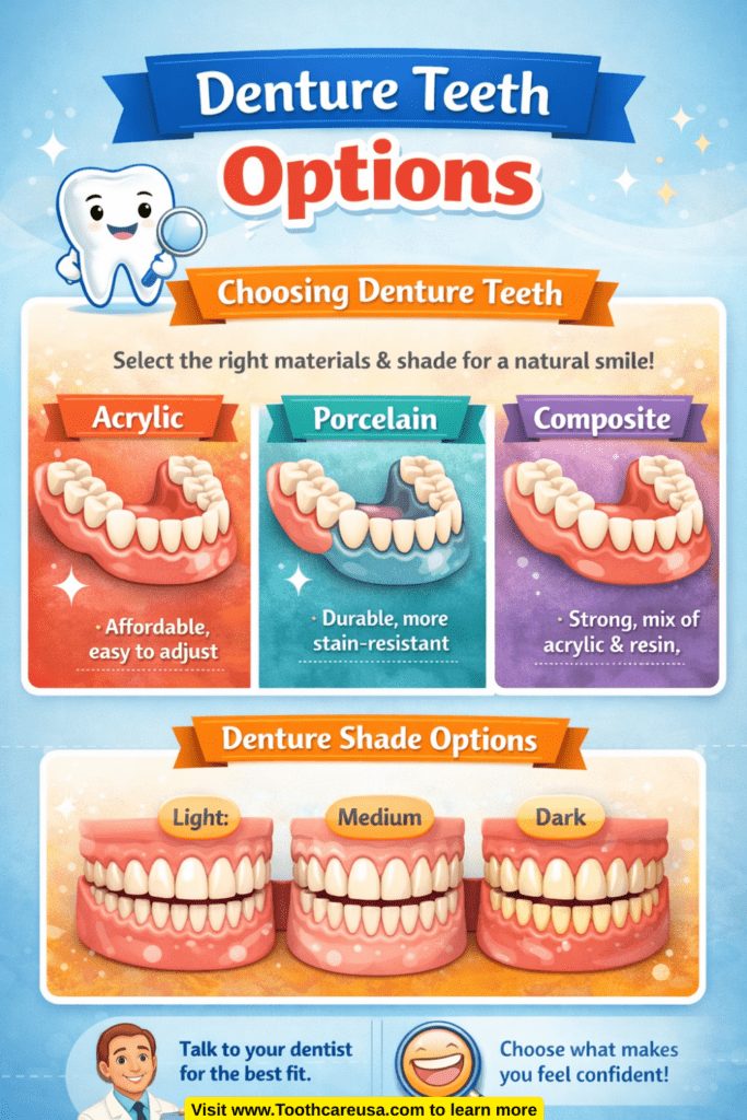 Infographic comparing denture teeth options such as acrylic, porcelain, and custom shade denture teeth.