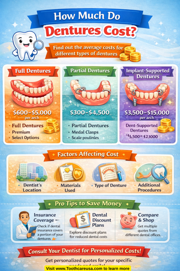 Infographic explaining denture implant costs with price ranges and factors affecting total cost.