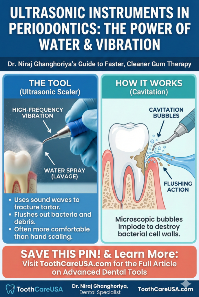 Infographic showing an ultrasonic scaler tip vibrating against a tooth with water spray, illustrating the "Cavitation" and "Lavage" effect on bacteria.