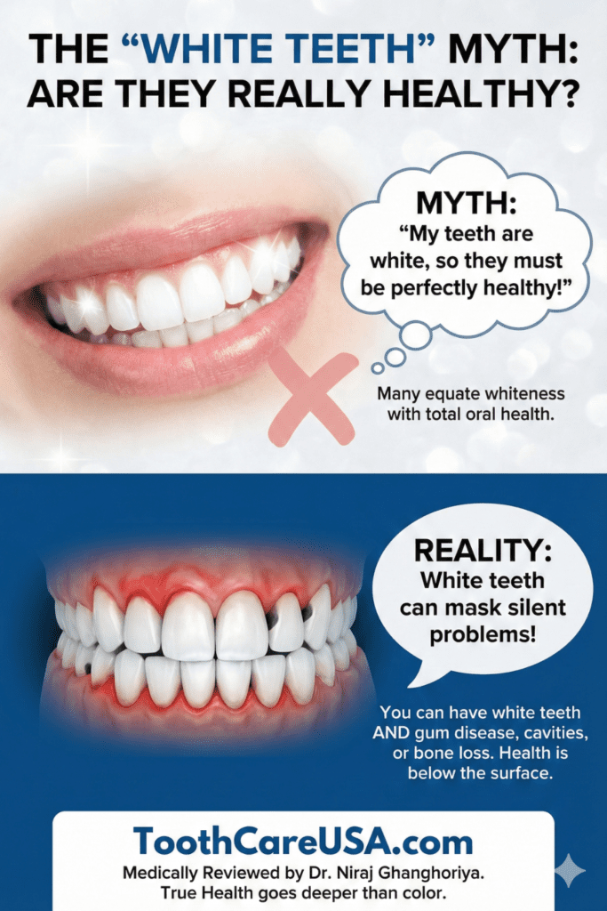 X-ray vision" graphic showing a bright white smile hiding underlying periodontal disease and bone loss.