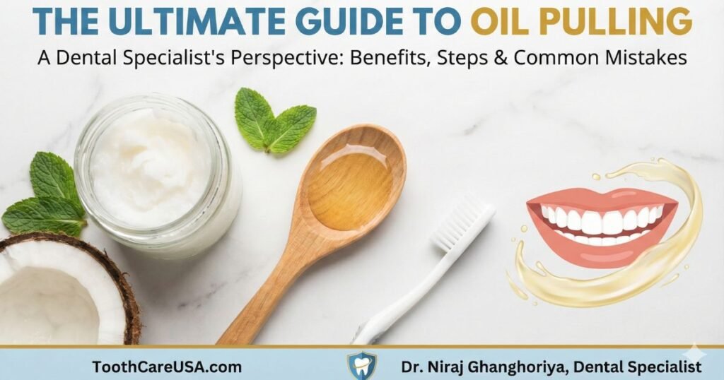 Feature image showing a spoon of coconut oil and 4 steps of oil pulling (Swish, Don't Swallow, Spit, Rinse). Branded with ToothCareUSA logo and Dr. Niraj Ghanghoriya, Dental Specialist.