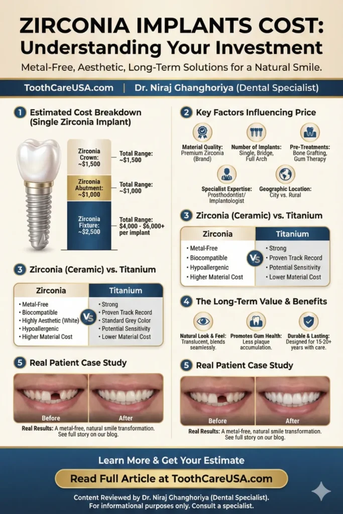 Comparison chart illustrating the higher cost of Zirconia (ceramic) implants ($4,000+) versus traditional titanium options.