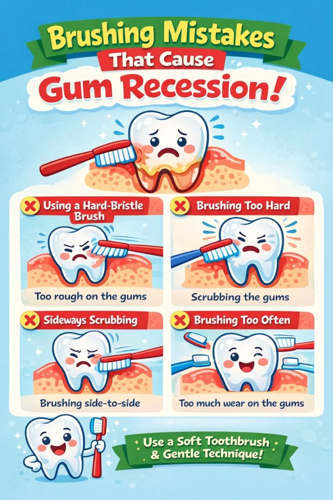 Infographic showing brushing mistakes that cause gum recession including hard brushing, wrong technique, and stiff toothbrush