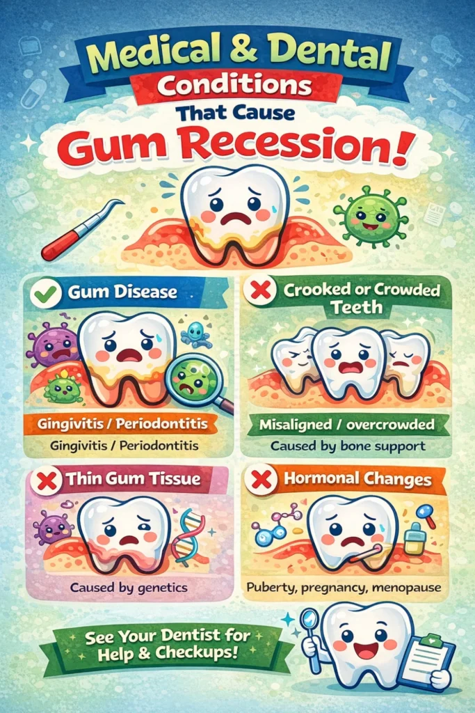Infographic explaining medical and dental conditions such as gum disease, crooked teeth, thin gums, and hormonal changes causing gum recession