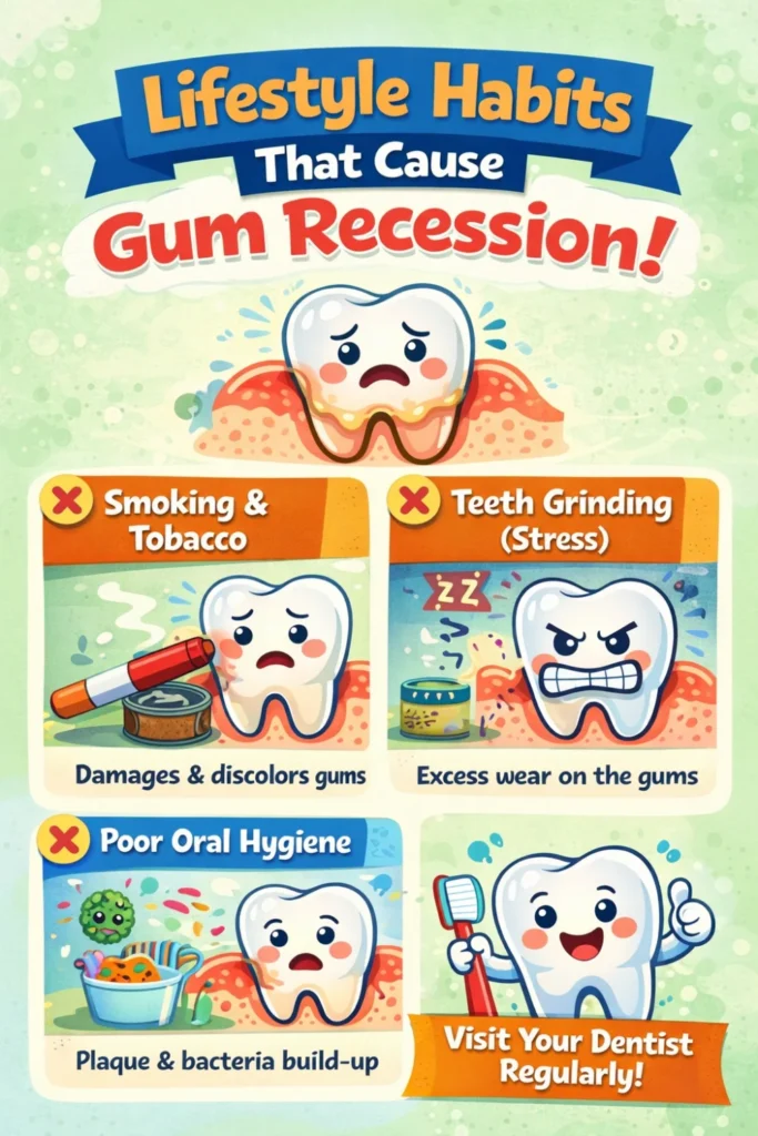 Infographic showing lifestyle habits like smoking, teeth grinding, stress, and poor oral hygiene causing gum recession