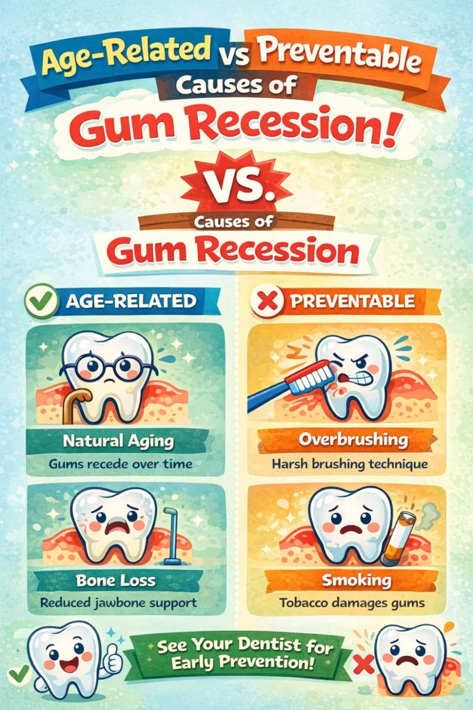 Comparison infographic showing age-related and preventable causes of gum recession