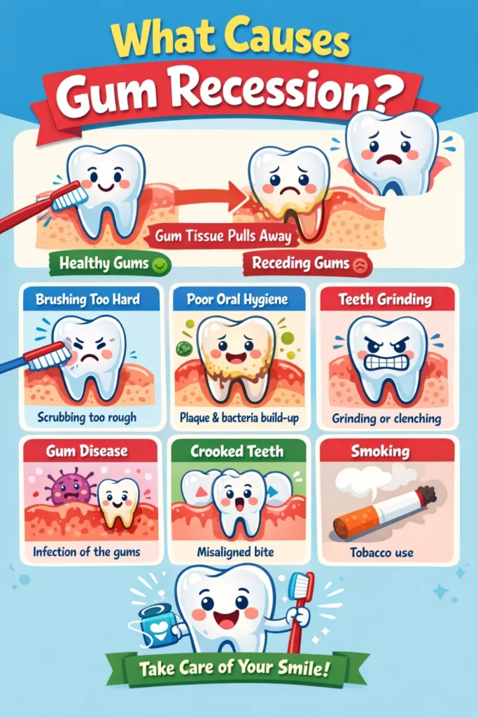 Illustration showing healthy gums vs receding gums with common causes like hard brushing, smoking, gum disease, and aging--what causes gum recession 