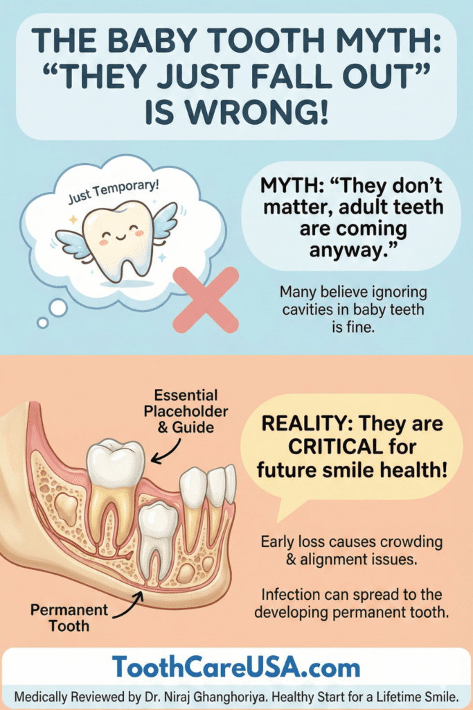 Anatomy diagram showing primary (baby) teeth acting as placeholders to guide permanent adult teeth into proper alignment