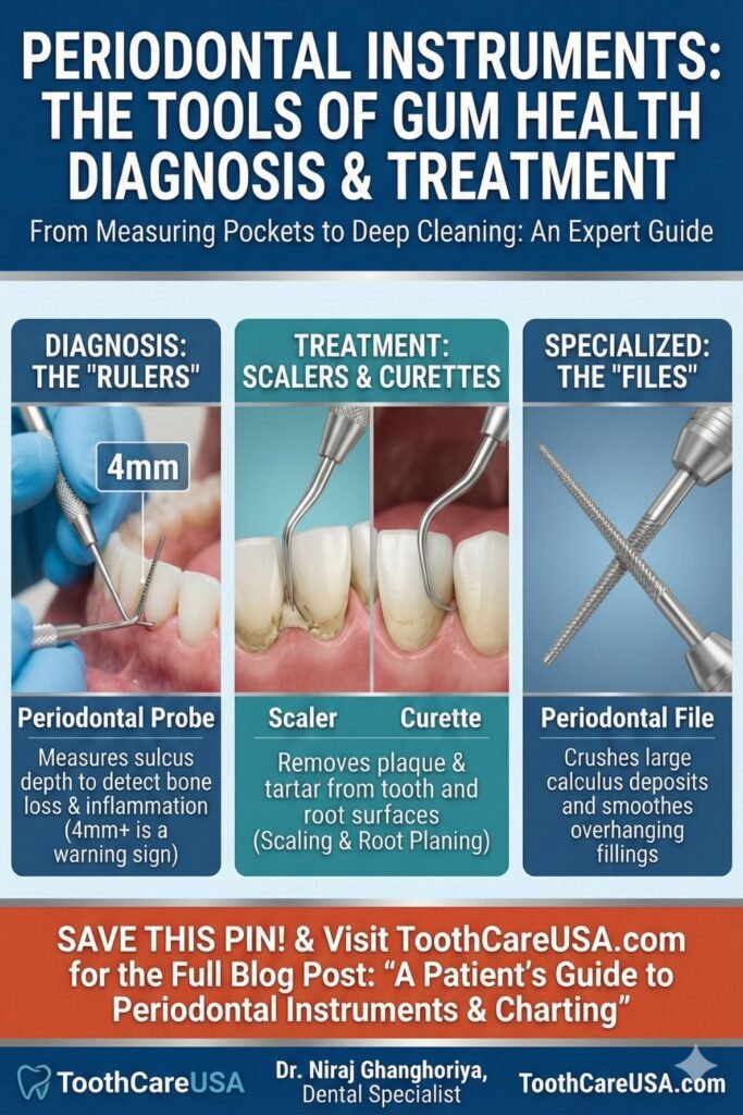 A collection of periodontal instruments including probes, explorers, and mouth mirrors used for dental diagnosis.