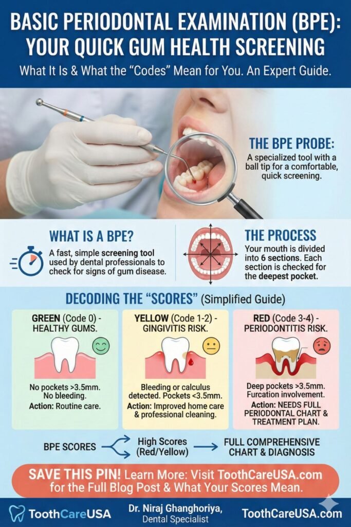 Chart explaining the Basic Periodontal Examination (BPE) or PSR codes 0-4, indicating levels of gum health from healthy to severe periodontitis.