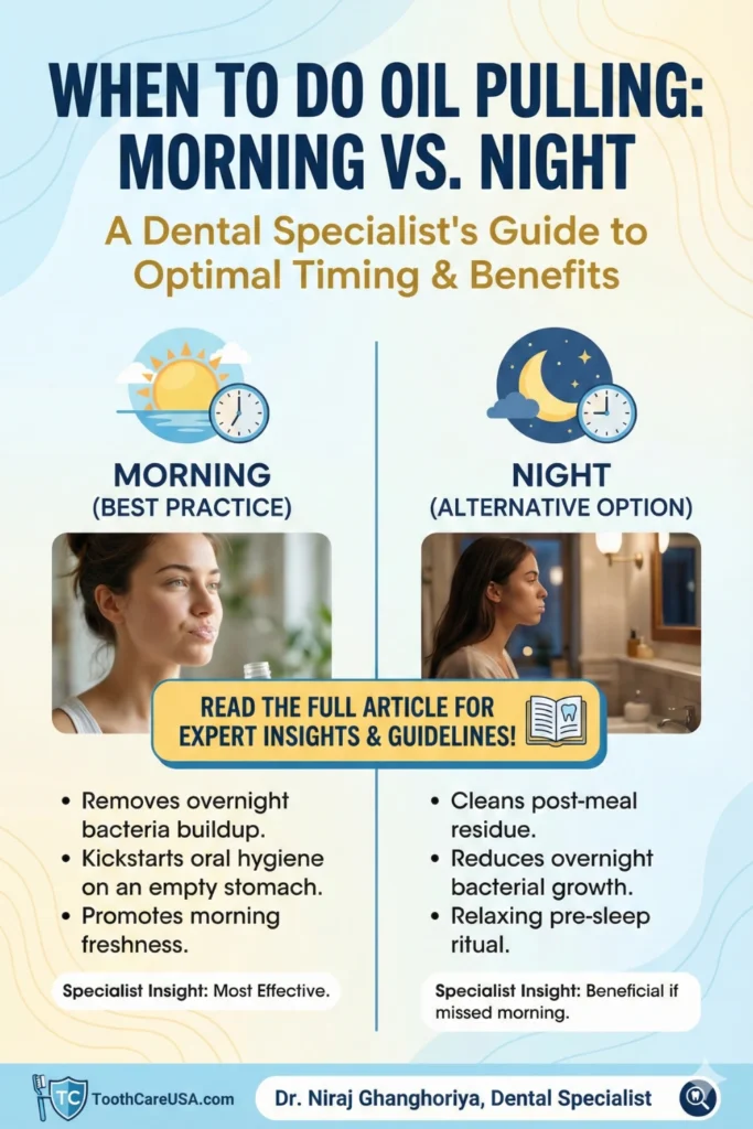 Split screen comparison of Morning (Sun) vs Night (Moon) for oil pulling.
