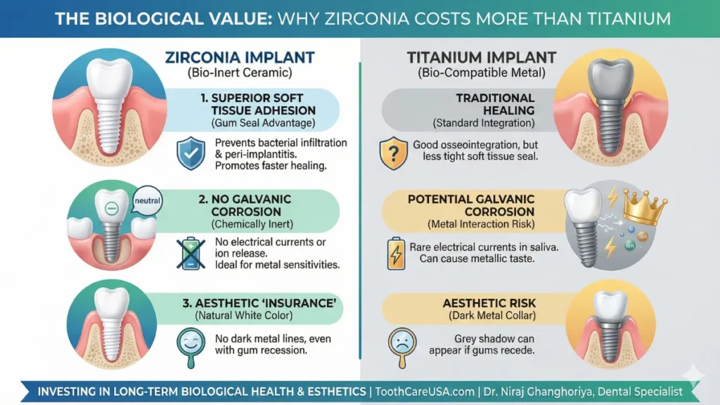 Medical illustration showing healthy gum tissue adhering to a Bio-Inert Zirconia implant vs. the metal collar of a Titanium implant.