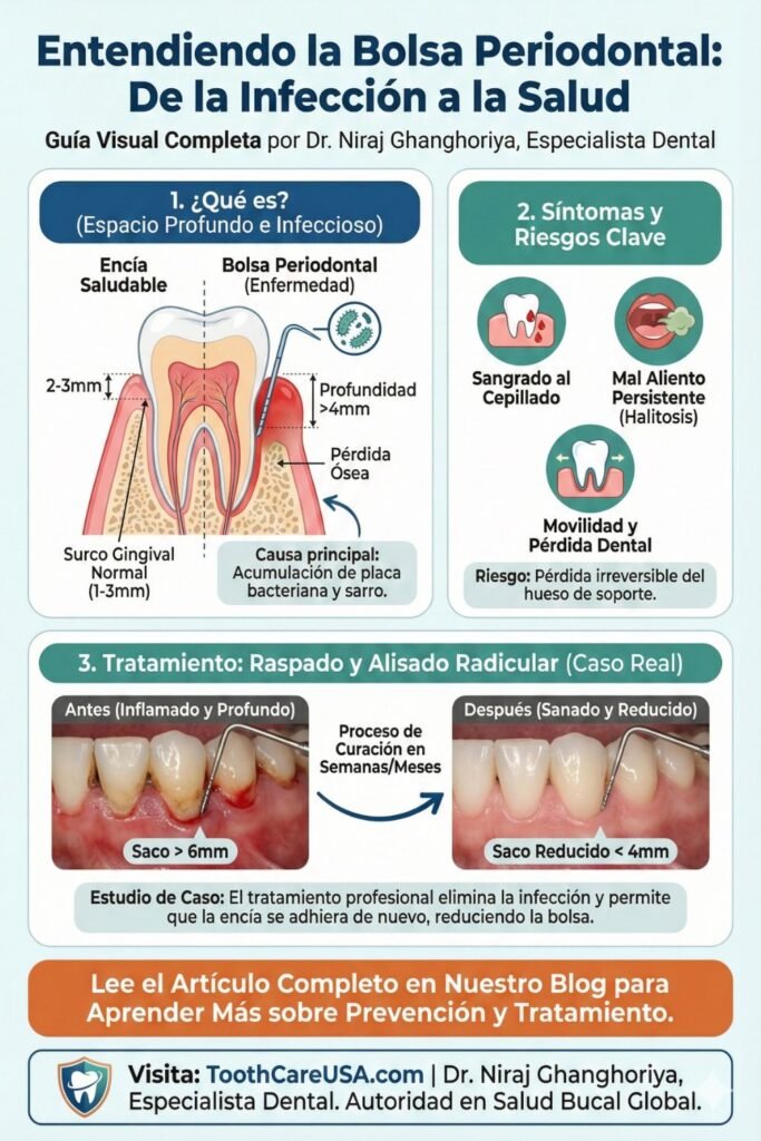 Infografía médica en español mostrando una bolsa periodontal profunda, acumulación de bacterias y pérdida ósea, diseñada por Dr. Niraj Ghanghoriya.