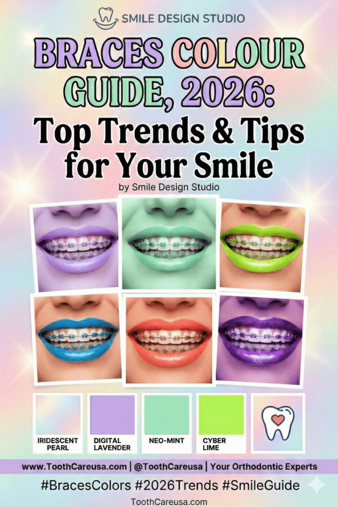 Infographic guide for 2026 braces color trends showing six smiles with different colored brackets (purple, mint, lime, blue, orange) and color swatches like Digital Lavender and Cyber Lime, branded for ToothCareUSA.com.
