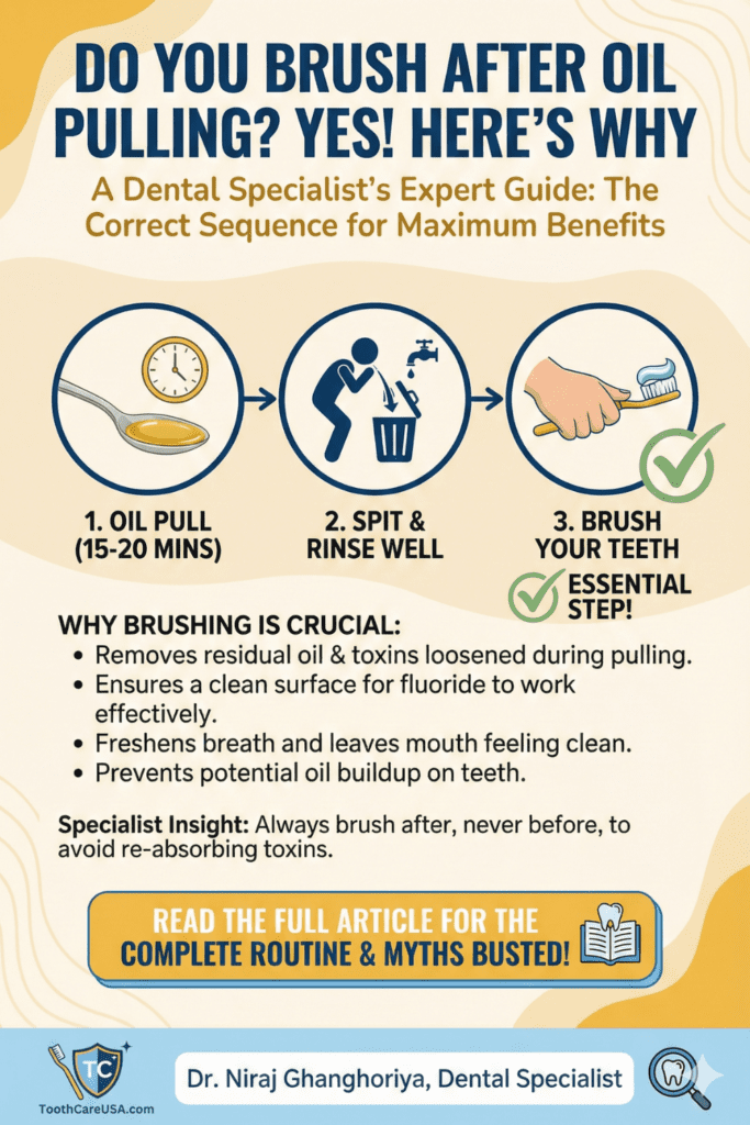 Sequence chart: Oil Pull > Spit > Rinse > Brush.