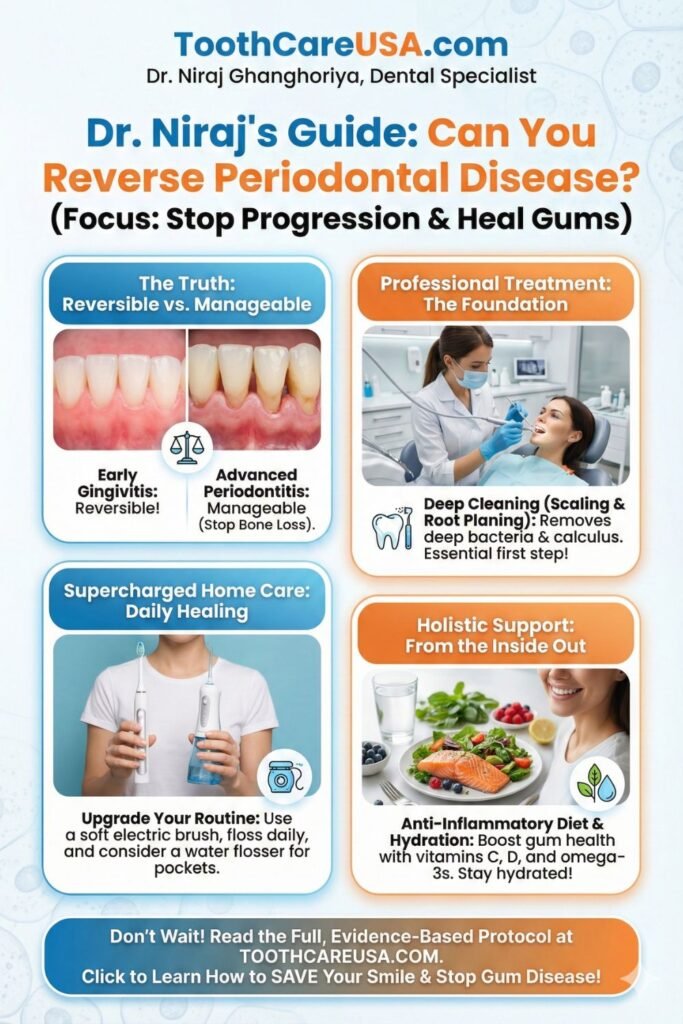 Dr. Niraj Ghanghoriya explains the stages of gum disease and what can be reversed (Gingivitis) vs. managed (Periodontitis).