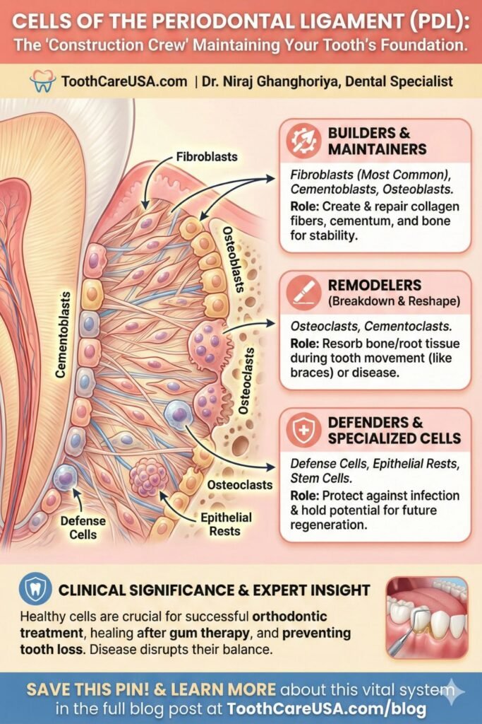 Infographic image titled "CELLS OF THE PERIODONTAL LIGAMENT (PDL)". A magnified cross-section shows various cells within the PDL space. Panels classify them into "BUILDERS & MAINTAINERS" (Fibroblasts, Cementoblasts, Osteoblasts), "REMODELERS" (Osteoclasts), and "DEFENDERS & SPECIALIZED CELLS" (Defense Cells, Epithelial Rests). A section at the bottom highlights "CLINICAL SIGNIFICANCE" for orthodontics and healing.