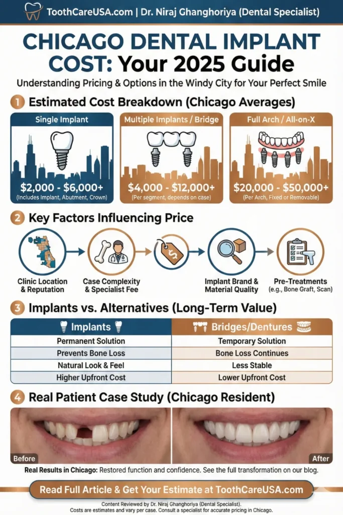 Chicago Dental Implant Pricing Guide Infographic detailing the cost of dental implants in Chicago ($2,000-$6,000) and factors like specialist fees in the city.dental implant cost Chicago