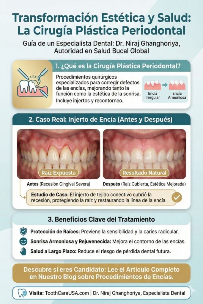 Comparación de antes y después de una cirugía plástica periodontal para corregir la recesión de las encías y mejorar la estética de la sonrisa.