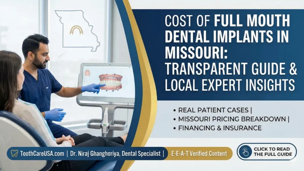 A dental specialist showing a full arch (all-on-4) digital model to a patient, discussing the cost of full mouth reconstruction in Missouri.
