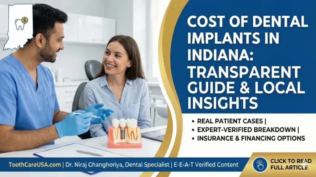 Dr. Niraj Ghanghoriya consulting with a patient about dental implant costs in Indiana, with an Indiana state map icon in the background.