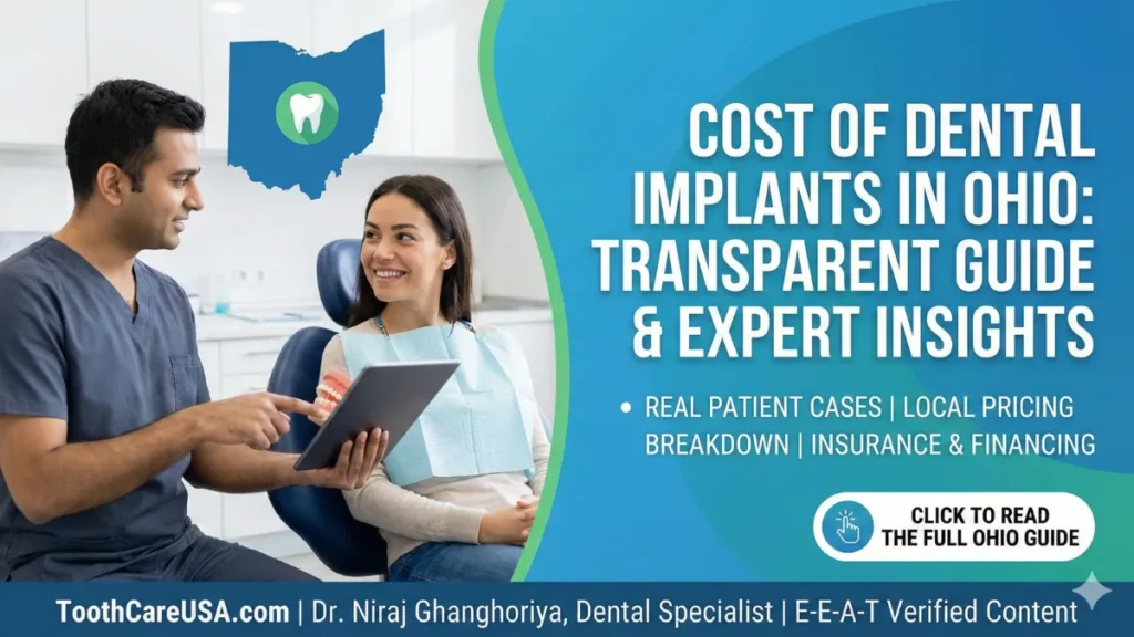 Dental specialist reviewing a digital tablet with a patient, discussing the cost of dental implants in Ohio, featuring an Ohio map graphic for local context.