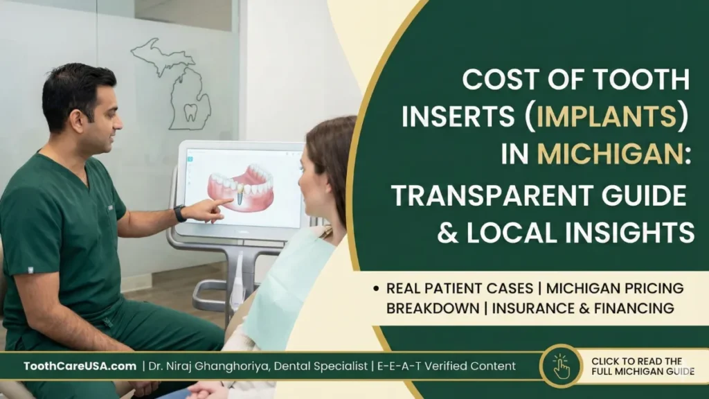 Dr. Niraj Ghanghoriya explaining the cost of tooth inserts (dental implants) to a patient in Michigan, with a Michigan map outline on the wall.