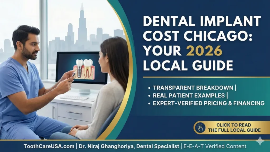A dental consultation in a modern office with the Chicago skyline in the window, discussing dental implant costs for Chicago patients at ToothCareUSA.