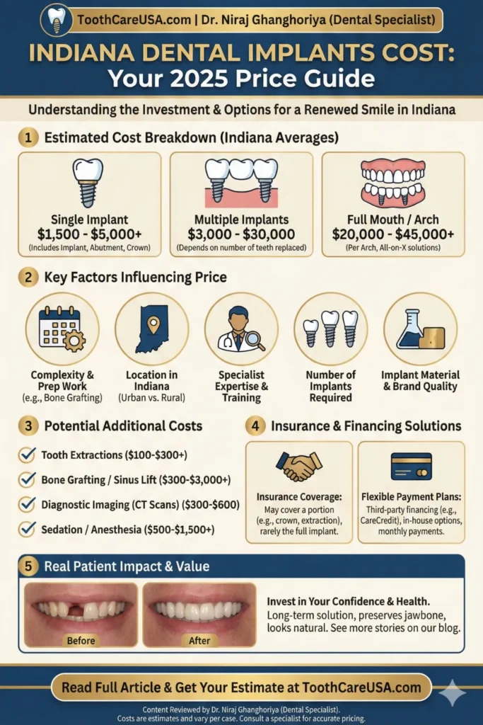 Map infographic showing dental implant cost ranges in Indiana ($1,500-$5,000) for urban vs. rural clinics.