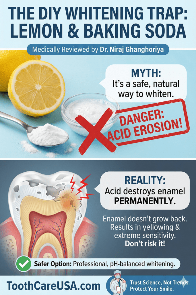 nfographic warning against using lemon and baking soda for teeth whitening. Shows a red "Danger" stamp regarding acid erosion and a cross-section of a damaged tooth. Medically reviewed by Dr. Niraj Ghanghoriya.