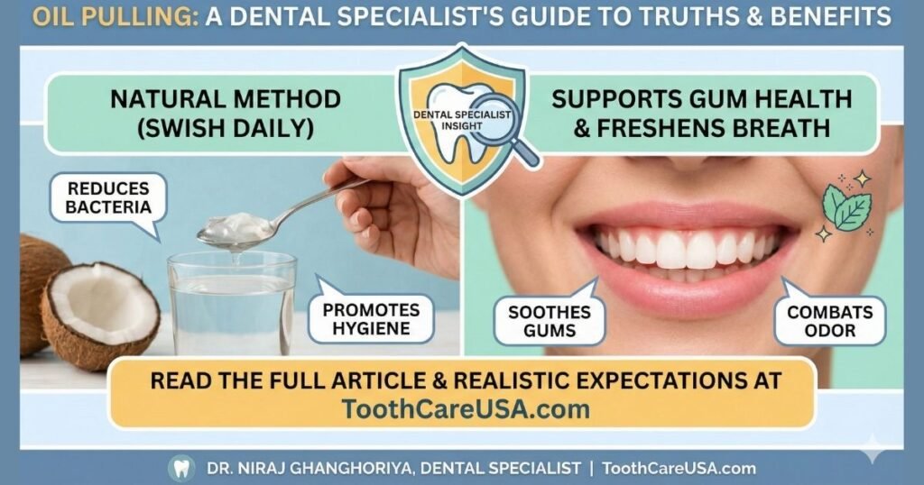 Feature image for ToothCareUSA.com blog post titled "Oil Pulling: A Dental Specialist's Guide to Truths & Benefits," showing coconut oil, a spoon, and a healthy smile with text highlighting natural methods, reduced bacteria, and gum health support.