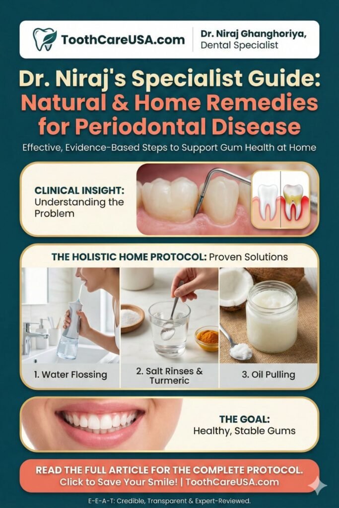 Infographic titled "The 4-Step Protocol to Heal Periodontal Disease" by Dr. Niraj Ghanghoriya. Steps include: 1. Professional Deep Cleaning to remove tartar, 2. Optimized Daily Hygiene with water flossing, 3. Nutritional Support (Anti-inflammatory diet), and 4. Consistent Maintenance check-ups.