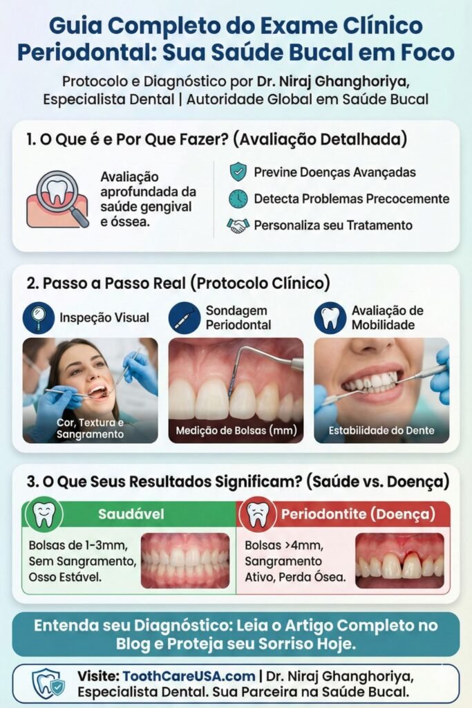 Lista de verificação visual de um exame periodontal completo, incluindo sondagem, verificação de mobilidade e sangramento.