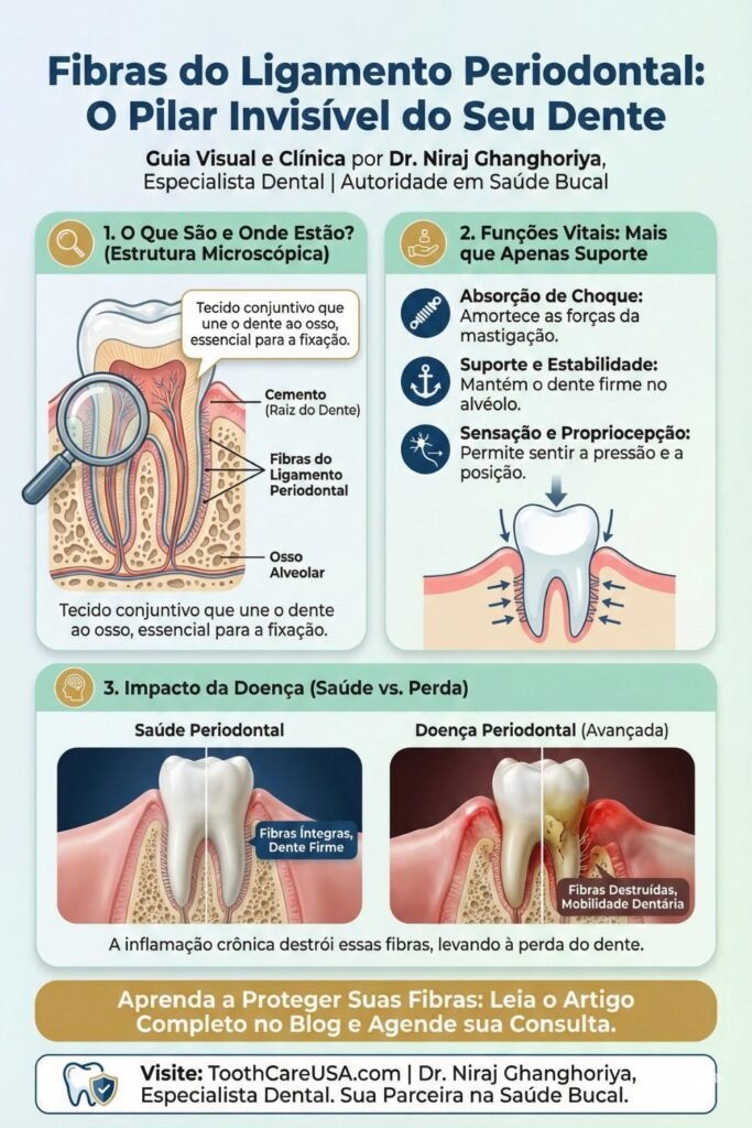 Diagrama anatômico detalhado mostrando as fibras do ligamento periodontal segurando o dente no osso alveolar.