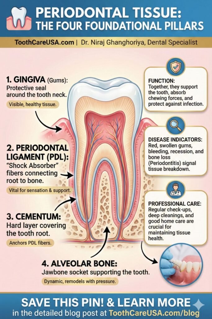 Infographic pin titled "PERIODONTAL TISSUE: THE FOUR FOUNDATIONAL PILLARS". A central tooth illustration is labelled with four key tissues: 1. Gingiva (Gums), 2. Periodontal Ligament (PDL), 3. Cementum, 4. Alveolar Bone. Panels on the right explain their combined "FUNCTION", "DISEASE INDICATORS" (like bleeding and bone loss), and the importance of "PROFESSIONAL CARE".