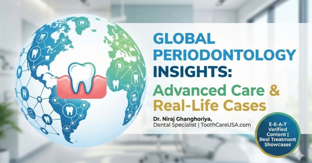 Dr. Niraj Ghanghoriya's international guide to periodontal disease, featuring illustrations of healthy vs. infected gums in Spanish and Portuguese.