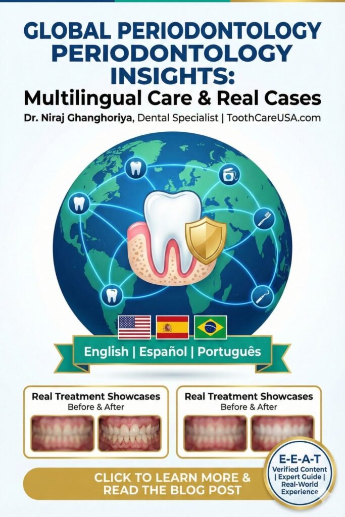 Dr. Niraj Ghanghoriya's international guide to periodontal disease, featuring illustrations of healthy vs. infected gums in Spanish and Portuguese.