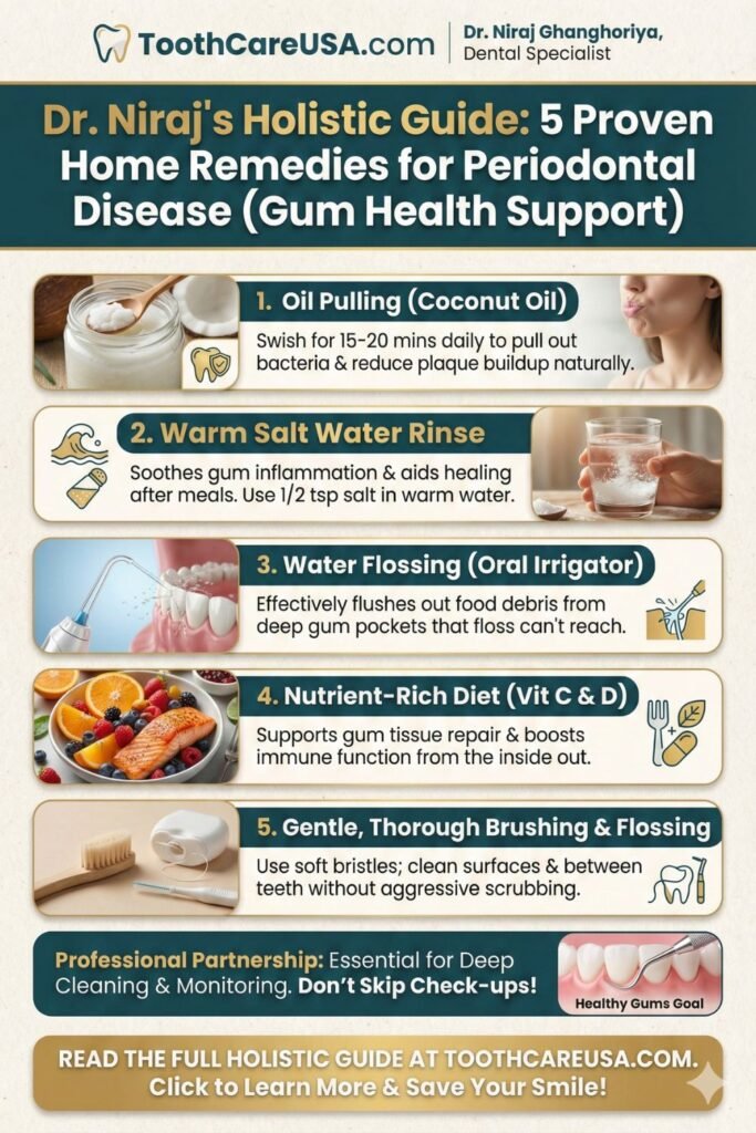Vertical infographic listing 5 home remedies for periodontal disease: Oil pulling, salt water, water flossing, diet, and gentle brushing.