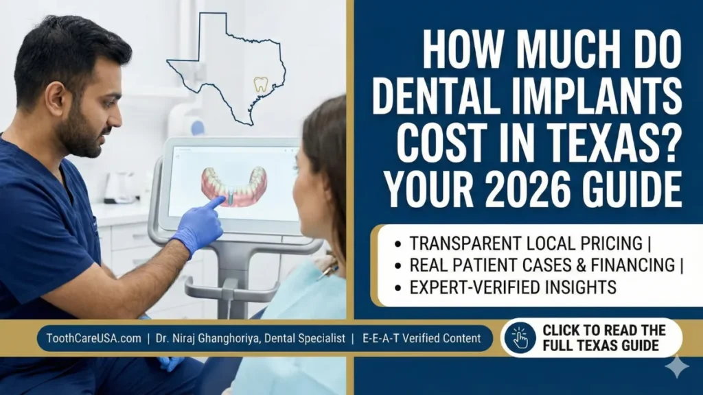 A dental specialist pointing to a digital screen showing an implant model, explaining how much dental implants cost in Texas to a patient. Includes Texas map icon.