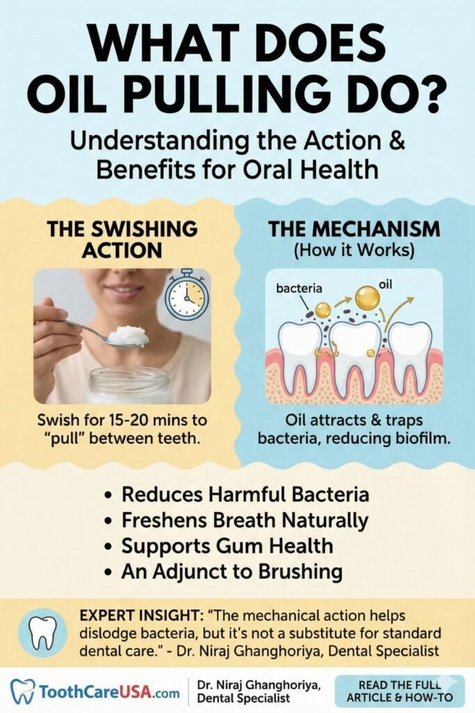 Dr. Niraj Ghanghoriya analyzing if oil pulling works for dental hygiene using a stopwatch and oil.