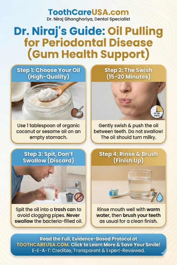 Visual guide on how to perform oil pulling with coconut oil for periodontal disease relief. Shows spoon of oil and swishing technique.